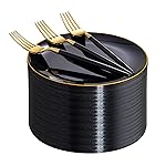 I00000 144Pcs Black and Gold Dessert Plate Set, Including 72Pcs Black and Gold Plastic Plates 7.5 and 72Pcs Disposable forks 8.5, Fancy Salad Plates with Gold Rim for Thanksgiving and Party