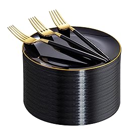 I00000 144Pcs Black and Gold Dessert Plate Set, Including 72Pcs Black and Gold Plastic Plates 7.5 and 72Pcs Disposable forks 8.5, Fancy Salad Plates with Gold Rim for Thanksgiving and Party