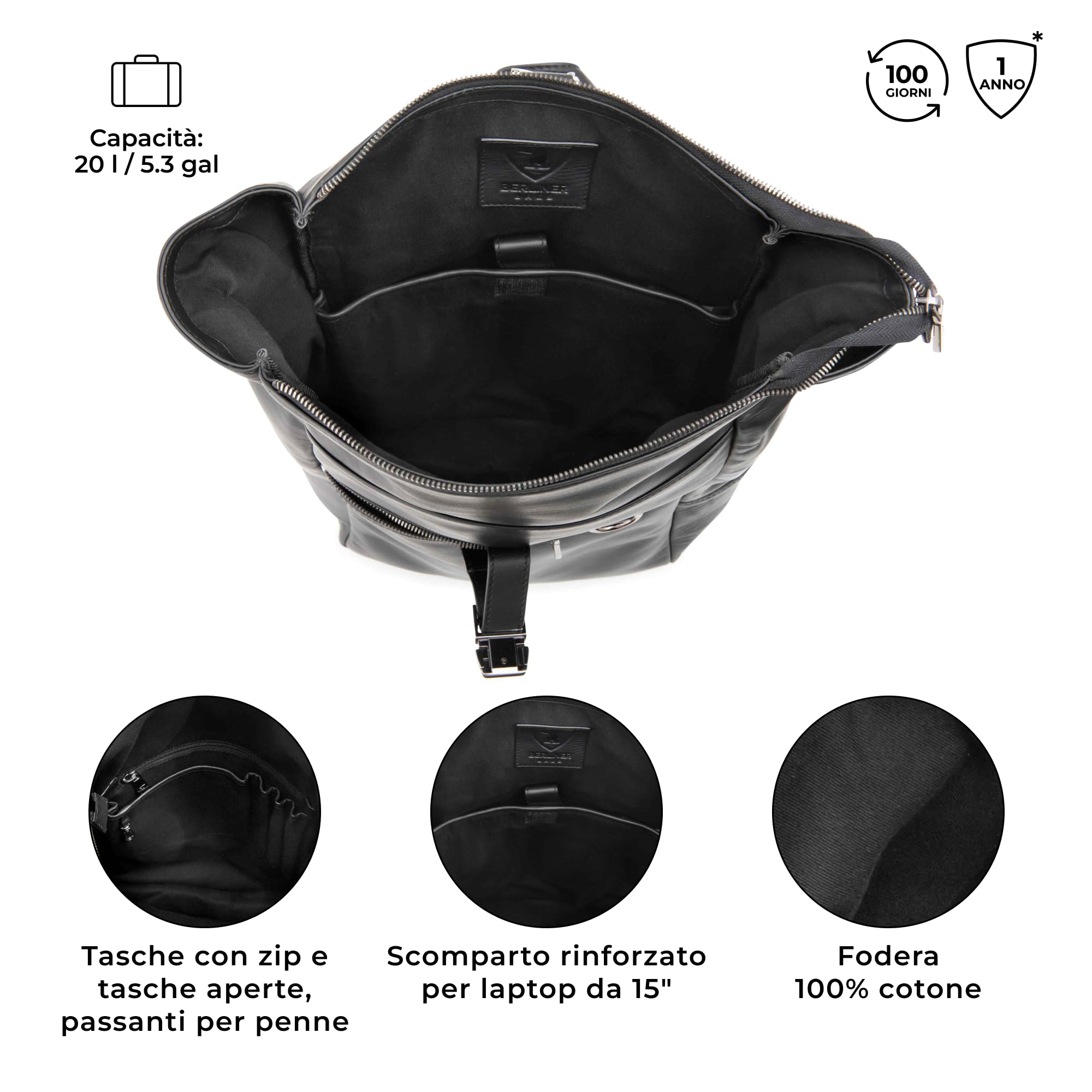 Berliner Bags Zaino Harlem in Vera Pelle, Zaino Rolltop Idrorepellente con Scomparto Laptop 15”, Zaino da Lavoro e Viaggio per Uomo e Donna – Nero