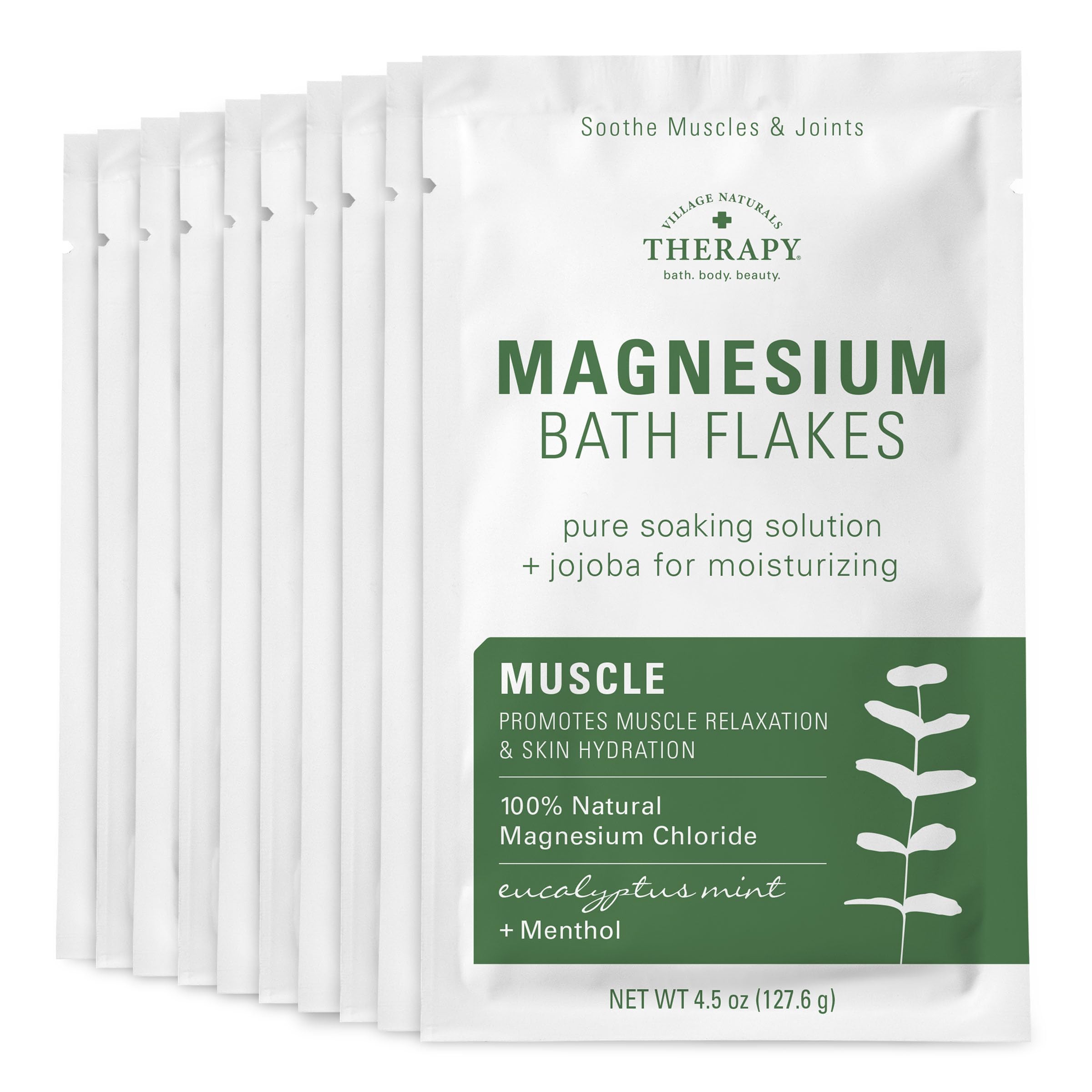 Village Naturals Therapy Muscle Magnesium Bath Flakes, Eucalyptus Mint Scent, 4.5 oz, Pack of 10