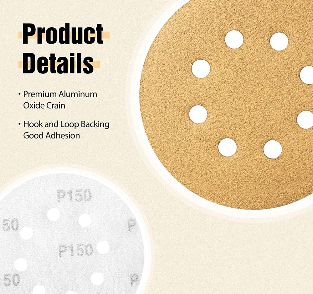 100 Uds. Discos de lijado de 5 pulgadas 60/80/120/150/220 granos discos de lijado dorados gancho y bucle lijadora orbital de papel de lija de 8 agujeros, amarillo