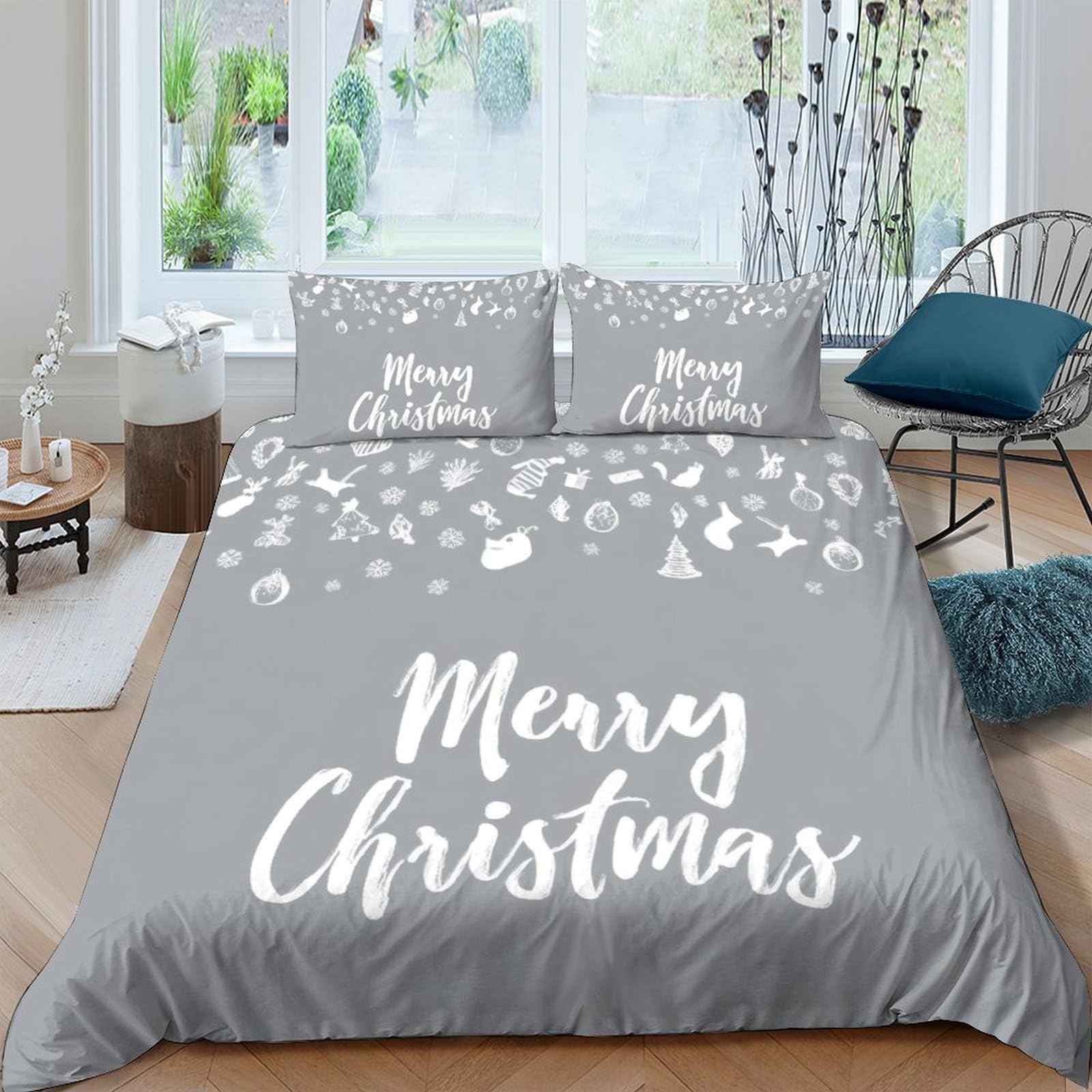P5V6M1Q9 3D Printed Christmas Snowflake Duvet Cover Set Microfiber Grey Bedding Set with 2 Pillowcases, Soft Breathable for Bedroom Home Decor Single（135x200cm）