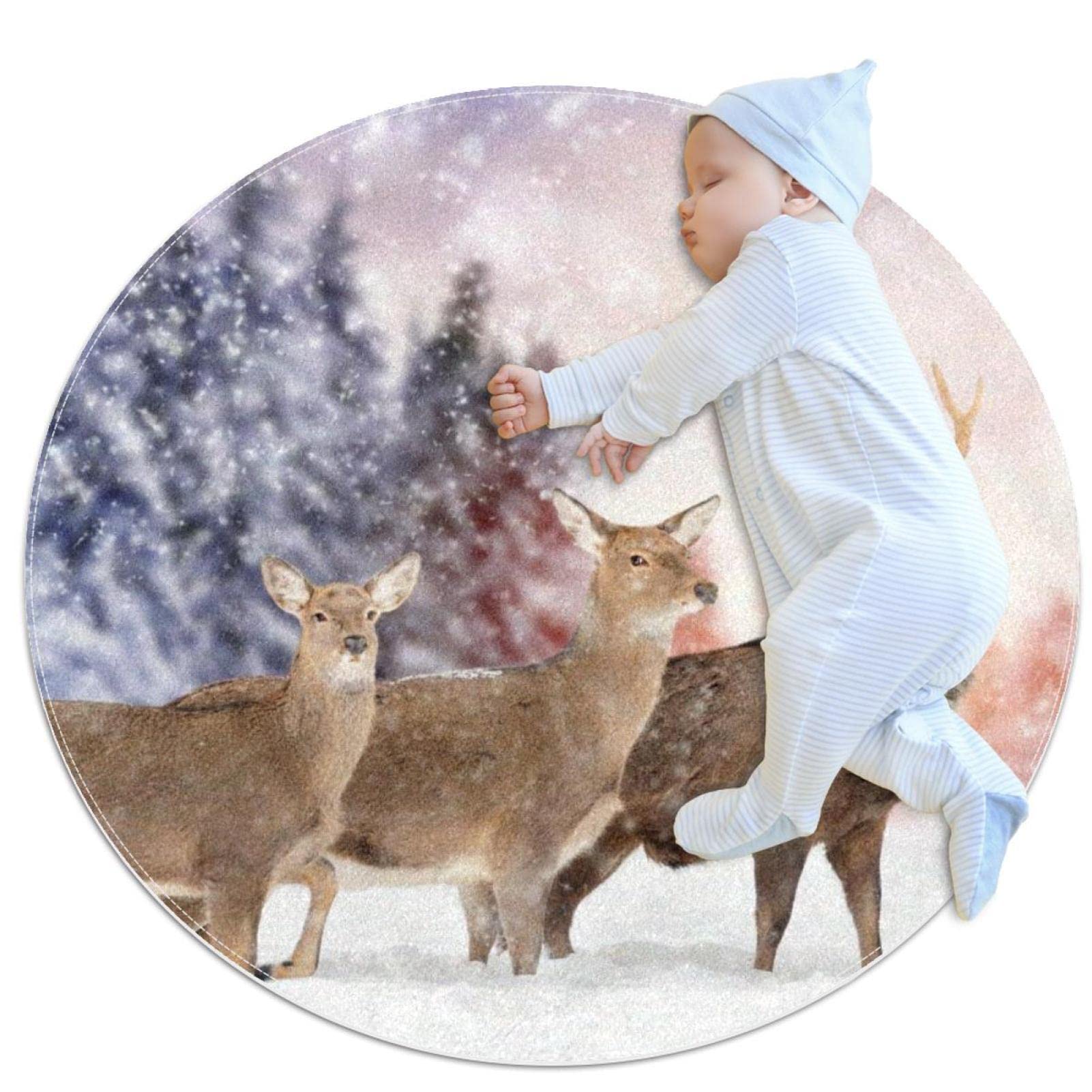 Tapis Cerfs en Hiver isolant rond 100cm pour réchauffer le sol