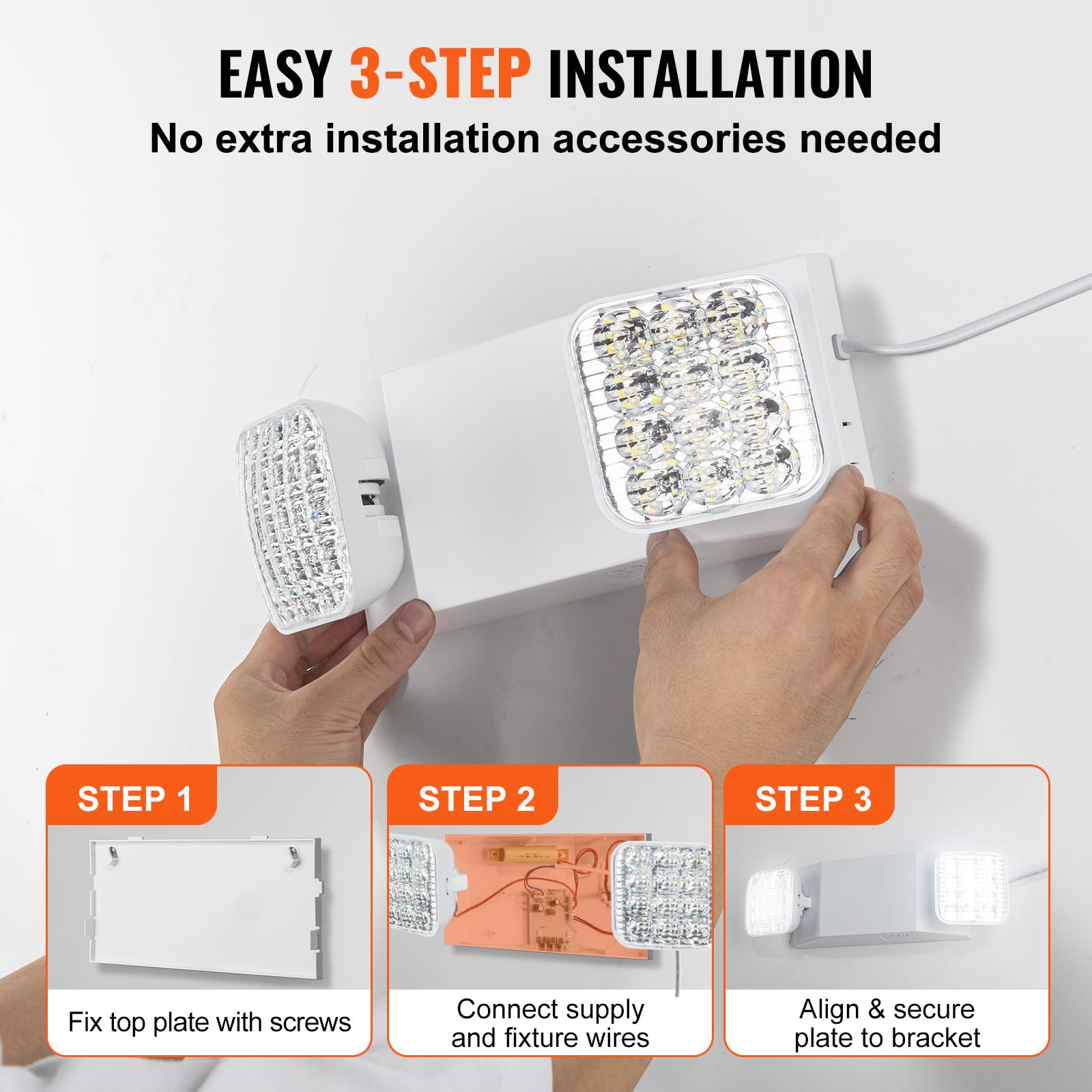 VEVOR 24 luces de emergencia, 3 W, cabeza cuadrada ajustable 2 LED blancos, montaje en techo o pared para cortes de energía, empresas, oficinas, escuelas