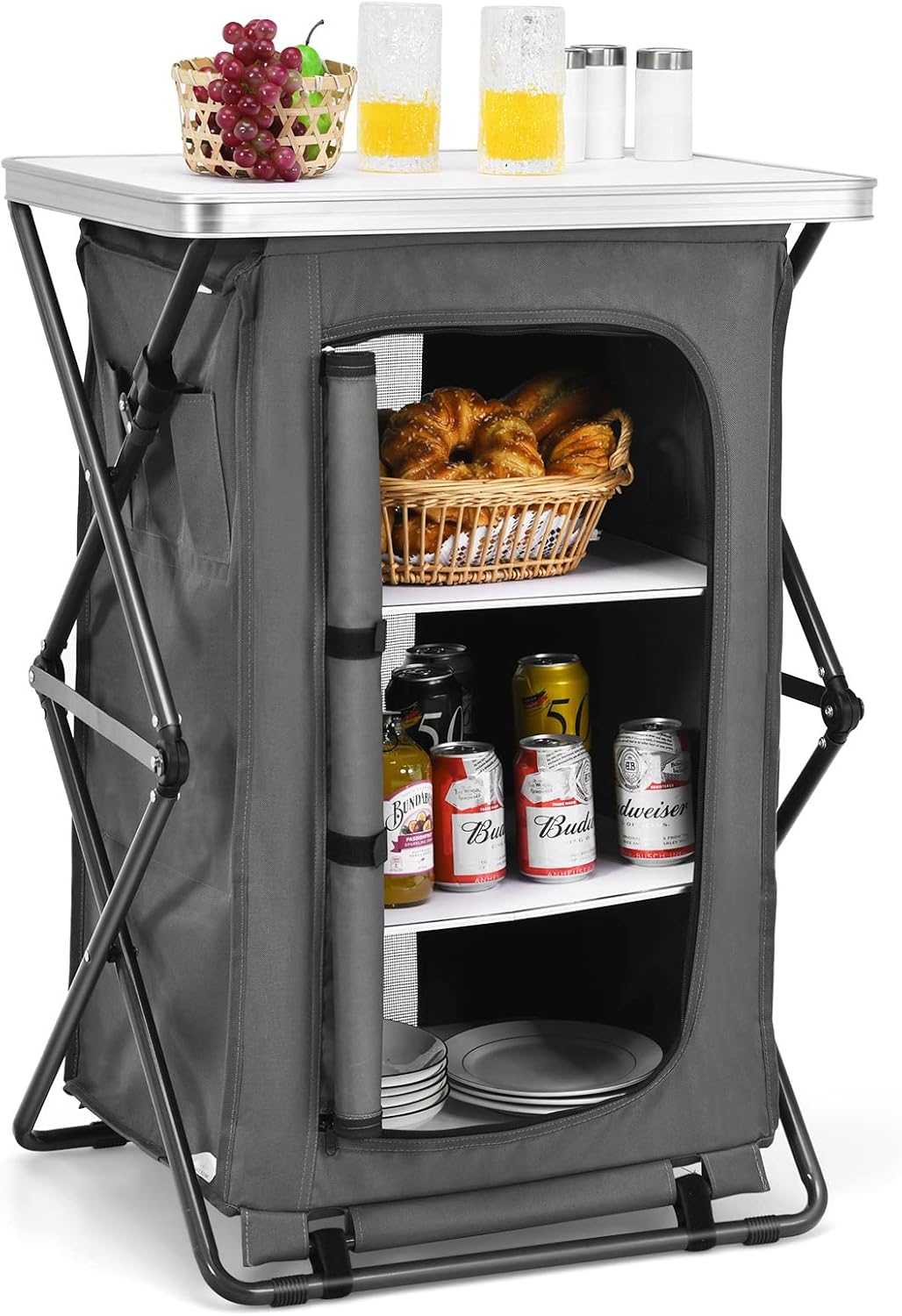 Giantex Folding Camping Storage Cabinet with 3 Shelves and Carry Bag, Portable Outdoor Organizer Kitchen Table, Quick Set-up for BBQ, Picnic, Backyard, Compact Pop-Up Cupboard, 35''H
