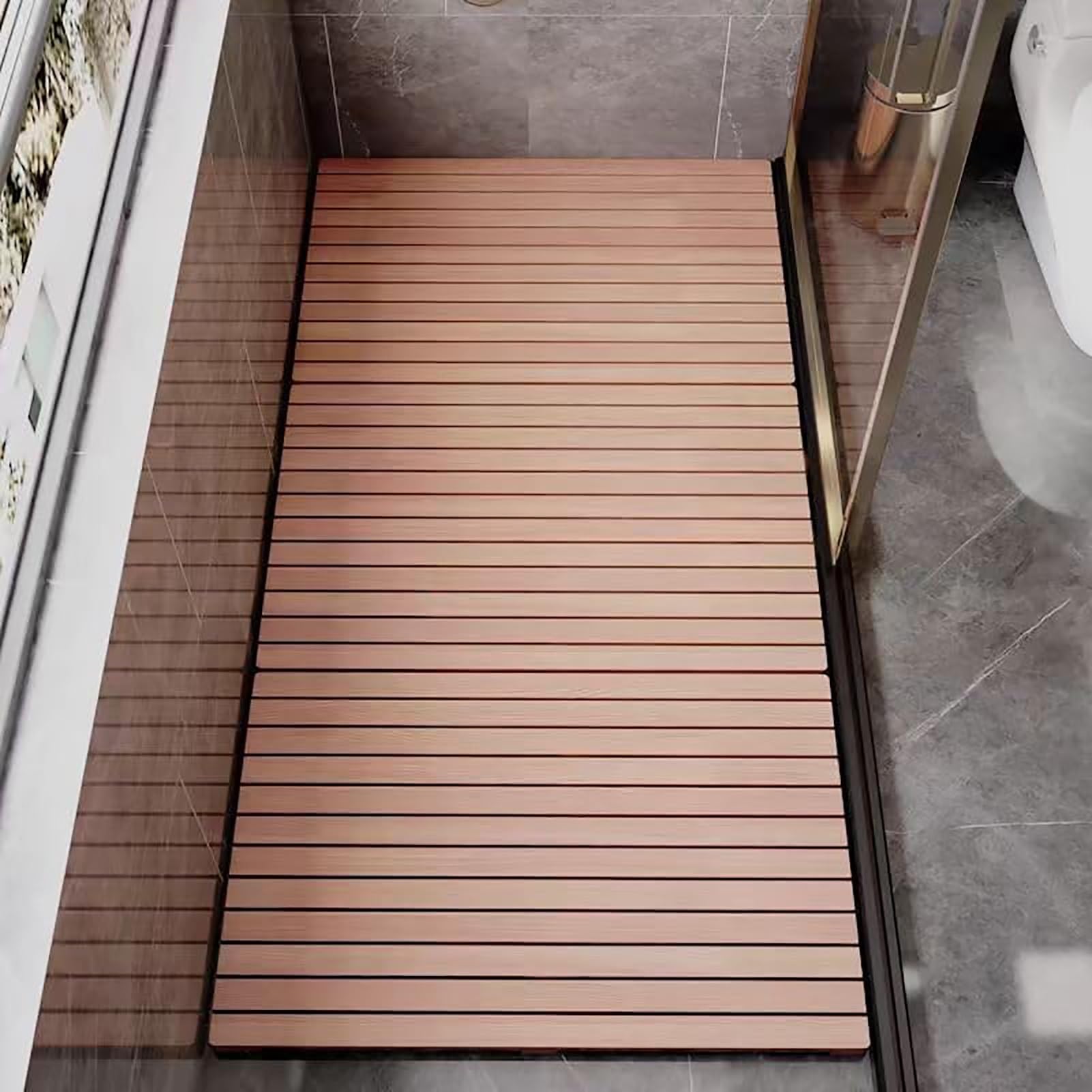 QIYFOZ Customizable Anti-Slip Teak Wood Shower Floor Mat with Center Drain - Available in 20" to 44" Sizes for Bathrooms, Tiled Floors & Spa - Durable, Stylish, Water-Resistant