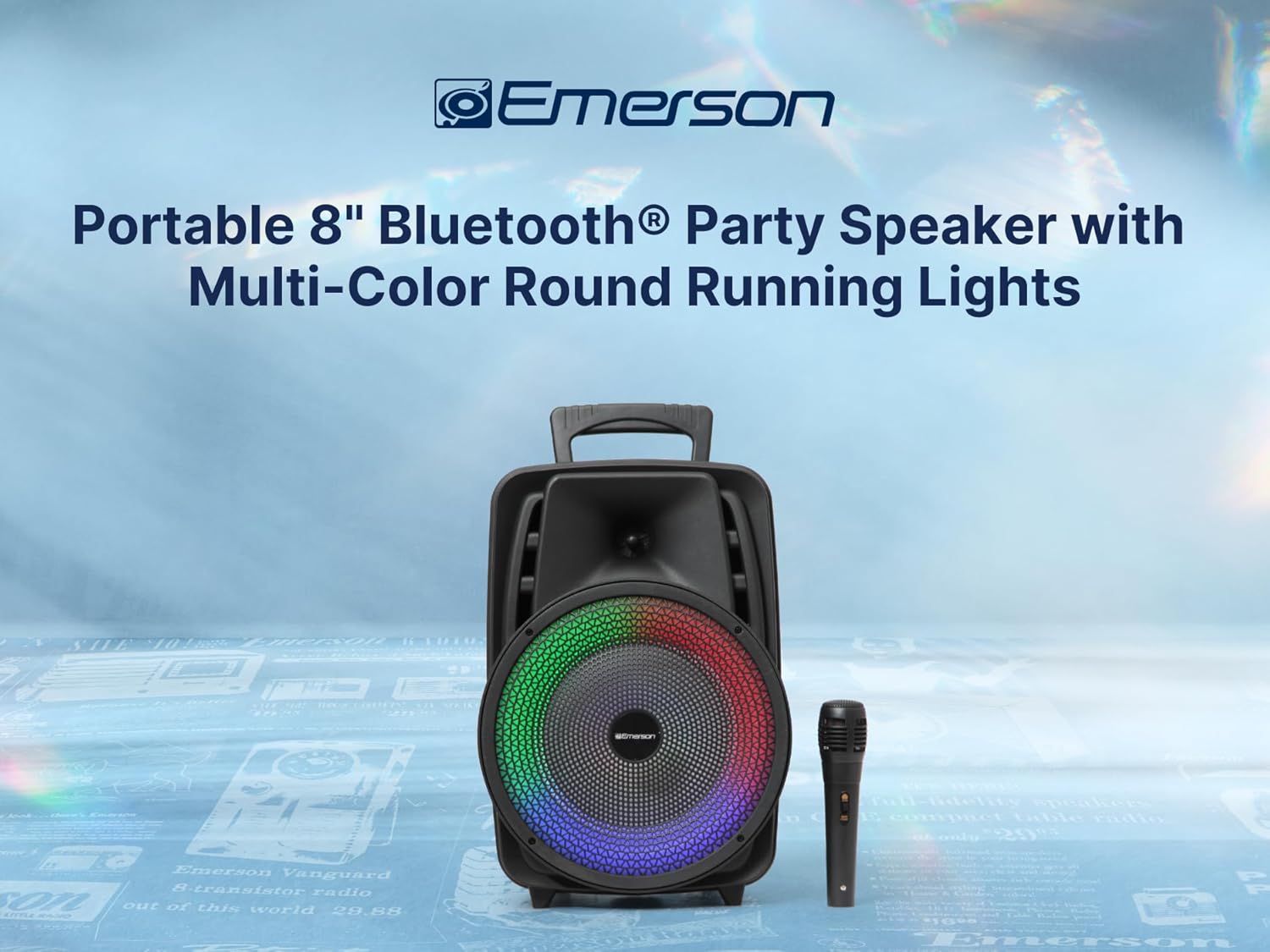 Emerson EDS-8000 Portable Bluetooth Party Speaker with 8” Subwoofer, Multi-Color Disco Lights, USB/TF/AUX Inputs, FM Radio, Mic/Guitar Inputs, Rechargeable Battery, and Built-in Handle