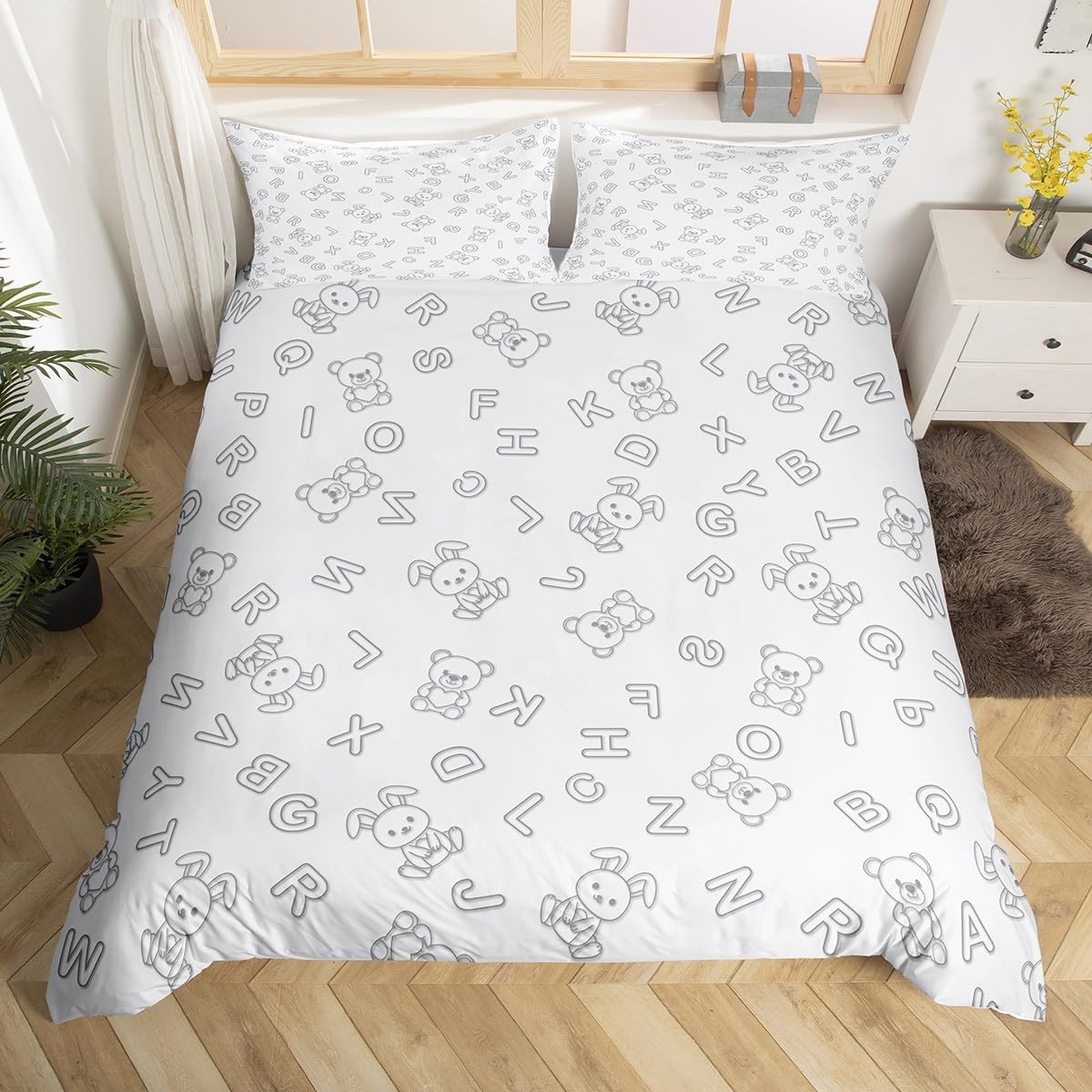 Cute Bear Rabbit Duvet Cover Set Toddler Size,Alphabet Theme Kids Bedding Set 2Pcs,Cartoon Animals Comforter Cover for Girls Boys Teens Bedroom Decor,Soft Light Grey Blue Quilt Cover,1 Pillowcase