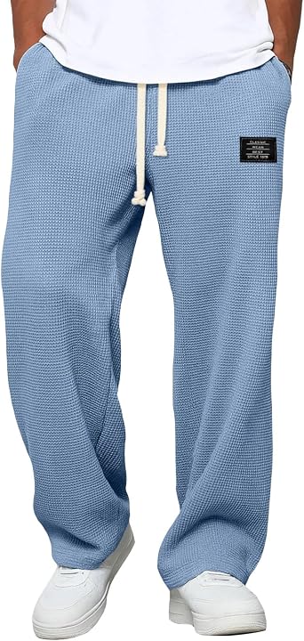 Zaswen Wide Leg Drawstring Pants for Men Loose Fit Textured Palazzo Trousers Casual Solid Color Baggy Lounge Sweatpants