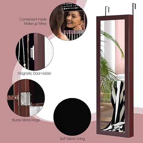 Miniatura 7 de COSTWAY Armario de joyería con espejo de longitud completa, organizador de joyas montado en la puerta de pared con espejo de maquillaje, ranuras