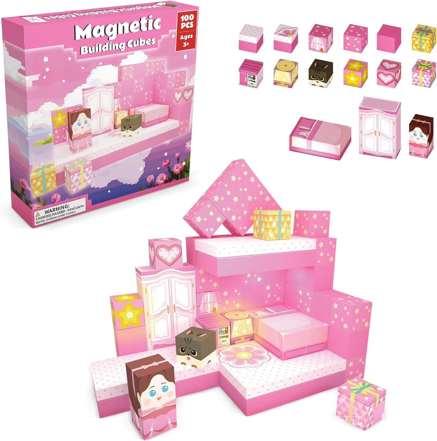 Magnetic Building Cubes 100 PCS, Magnetic Blocks Toy Set for Kids Ages 3+, Creative Construction Cubes with Light-Up Blocks for Building Scenes, Houses and Imaginative Play