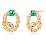 VACRONA Simulated Emerald Earrings for Women 14K Gold Plated Sterling Silver Post Stud Earring Cubic Zirconia Trendy Hypoallergenic Jewelry