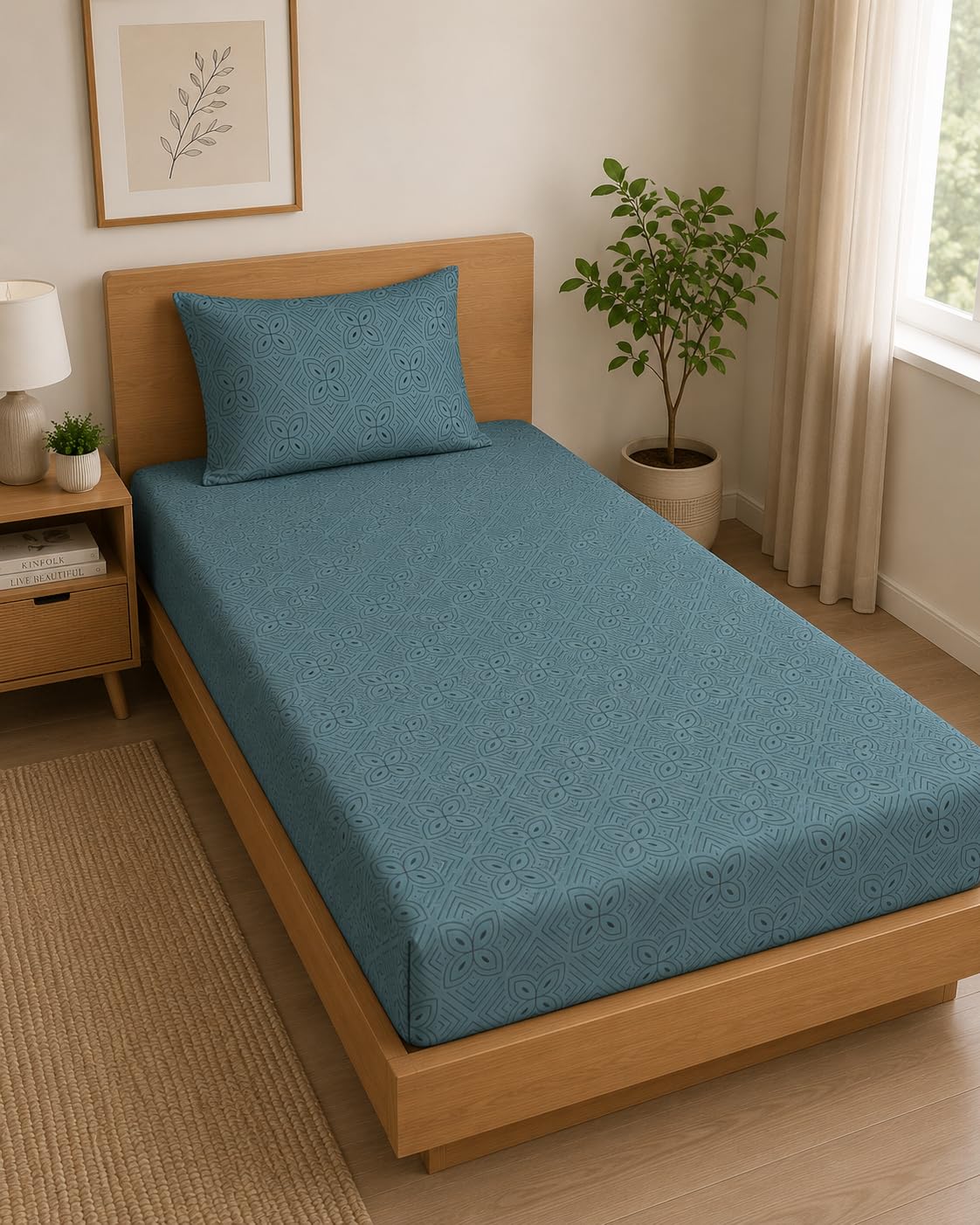 LOOMLYFE Microfiber Soft Cotton Single Bed Bedsheet for Diwan Bed, Size 60 Inches X 90 Inches, 152 X 230 cm with 1 Large Size Pillow Covers Without Joint - SkyFlower
