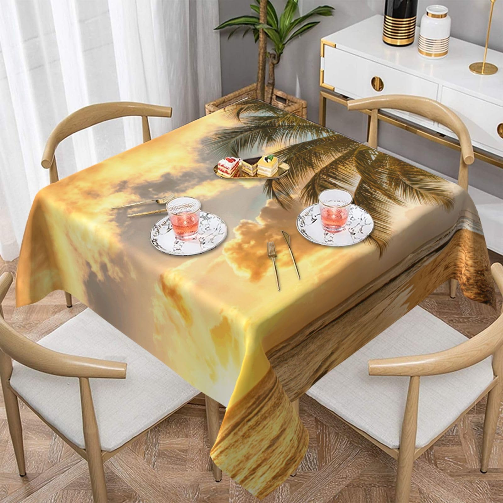DCEHGEW Sunset Hawaiian Palm Tree Prints Square Tablecloth 152x152 CM, Waterproof Fabric Table Cloth for Dining Table, Farmhouse Table Cover for Kitchen Dining Tabletop Decoration