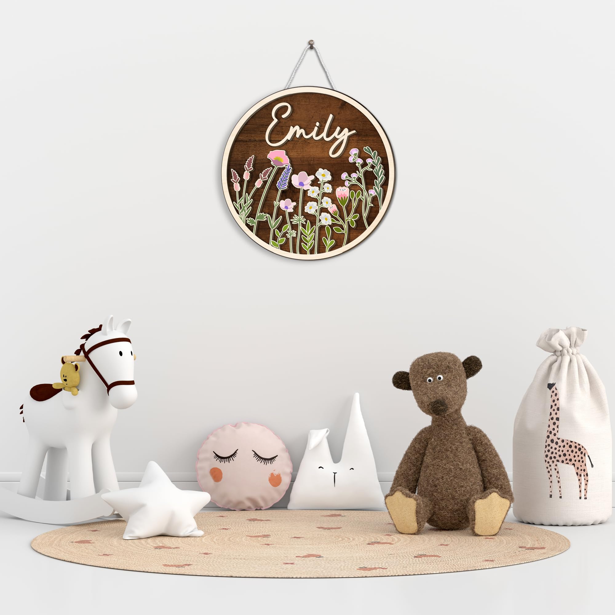 Mondily Flowers Baby Name Signs for Nursery Decor, Personalized Baby Name Signs, Baby Birth Announcement Sign, 2 Layers Wood Birth Stat Sign (Flower 01)