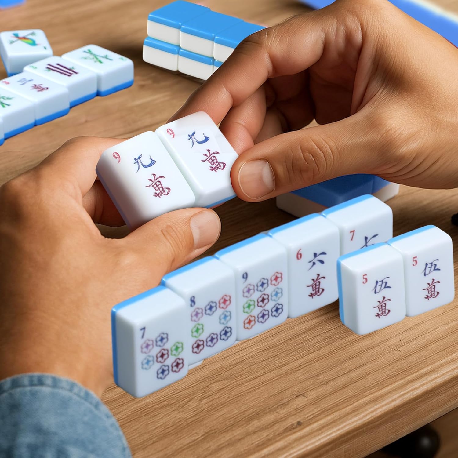 160 Pcs American Mah Jong Set 1.2 x 0.87 Inches Blue Back Melamine Mini Mahjong Tiles, Carved Pattern for Adult Social Games, Mahjong Lovers, Beginners