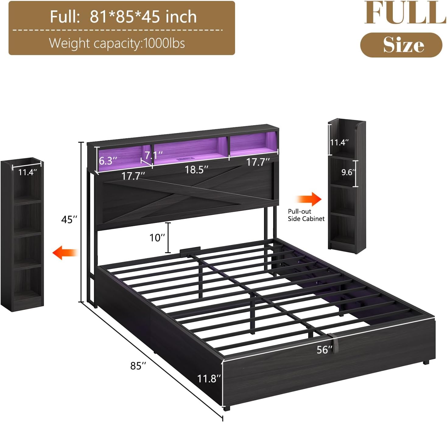 Full Size Lift Up Bed Frame with Bookcase Headboard & 2 Side Shelf, Farmhouse Storage Bed with LED Light and Charging Station, No Box Spring Needed, Noise-Free, Black Oak