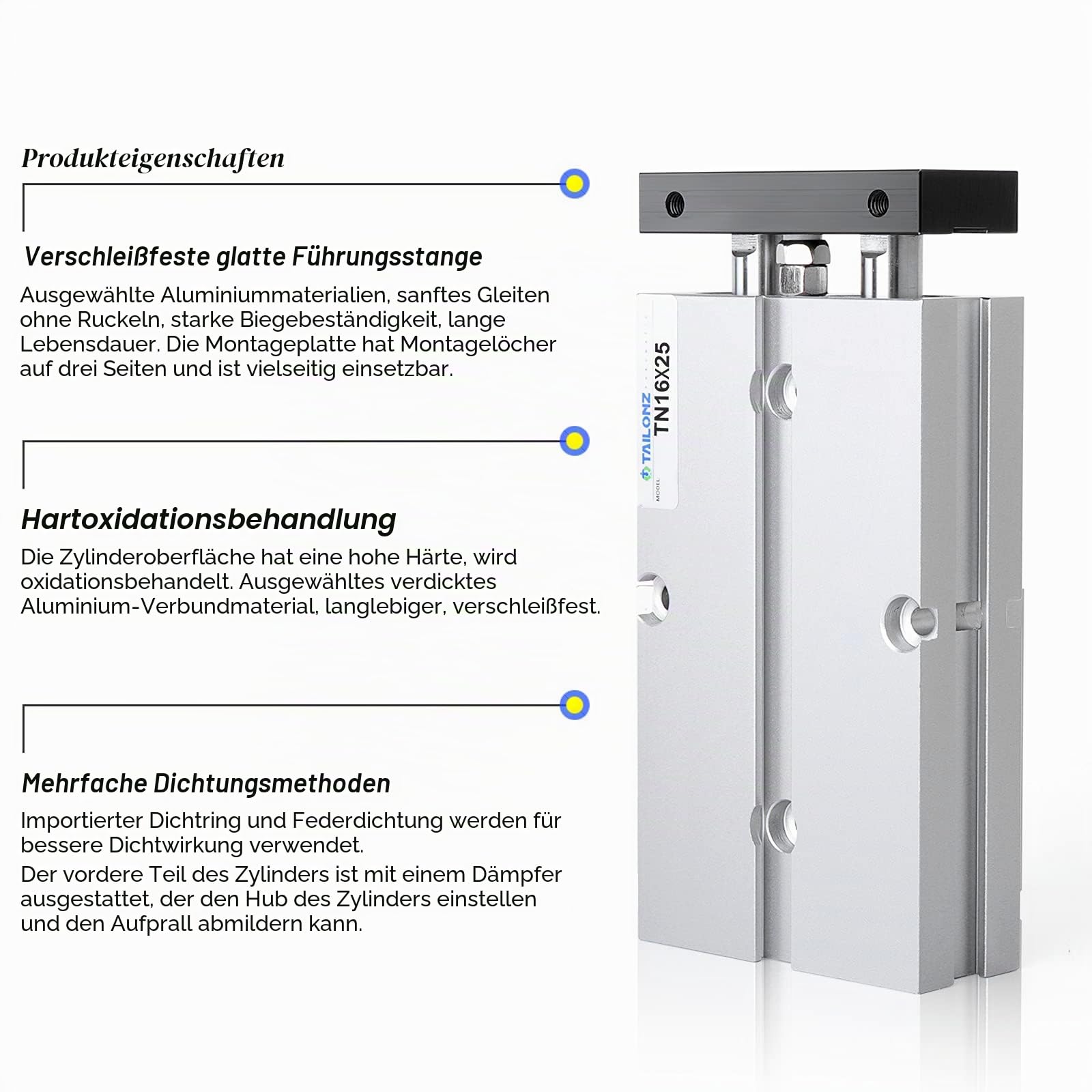 TAILONZ PNEUMATIC 16mm Bohrung 25mm Hub Doppelstange Doppeltwirkend Aluminium Druckluftzylinder TN16-25