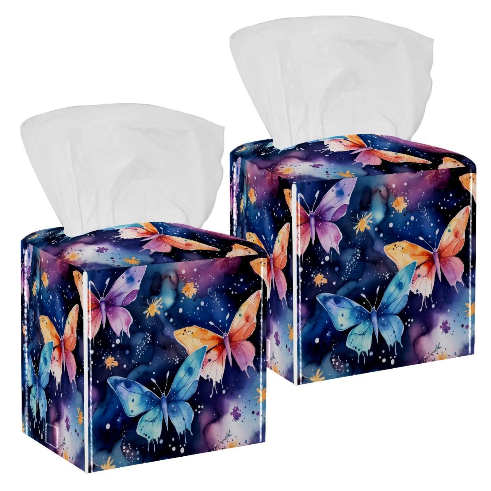 Butterflies Tissue Box Cover, 2 Pack PU Leather Square Facial Tissue Dispenser Box holder for Home Office Car
