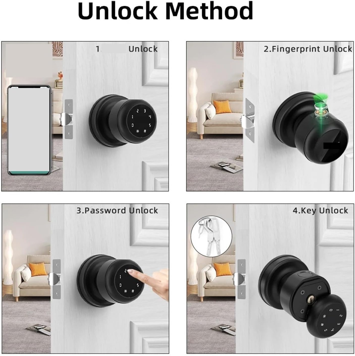 スマートロック 丸型ノブ指紋スマートロック生体認証キー/パスワード/アプリロック解除機能付き 家庭用デジタル、オフィス(Black)