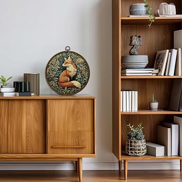 KLYTINK William Morris Inspired Vintage Fox Wall Art,Round Canvas Frame,Retro Animal Design Hanging Round Wall Decor for Bedroom Living Room,or Office 10x10inch (Fox)