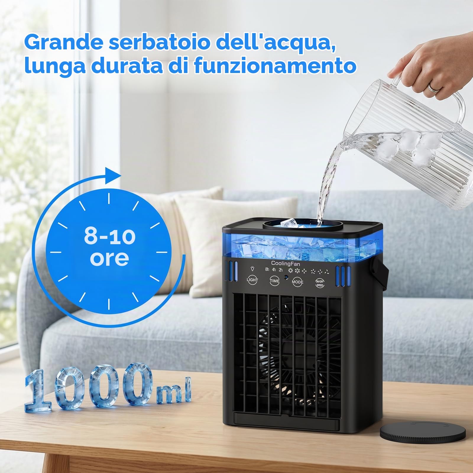 Mini condizionatore portatile con telecomando, 3 velocità e 3 nebbie, timer da 2 a 8 ore e 7 luci, per camera da letto, ufficio, ufficio