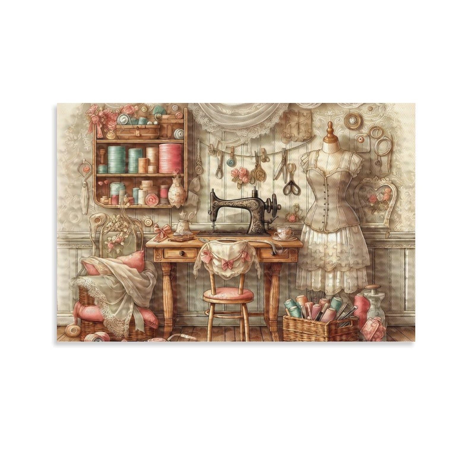 CPLVKWRQJ Vintage Sewing Room Single Vintage Sewing Room Illustration Canvas Artwork - Nursery Canvas Wall Hanging Space Saving Ready to Hang Decor 24x36inch(60x90cm)