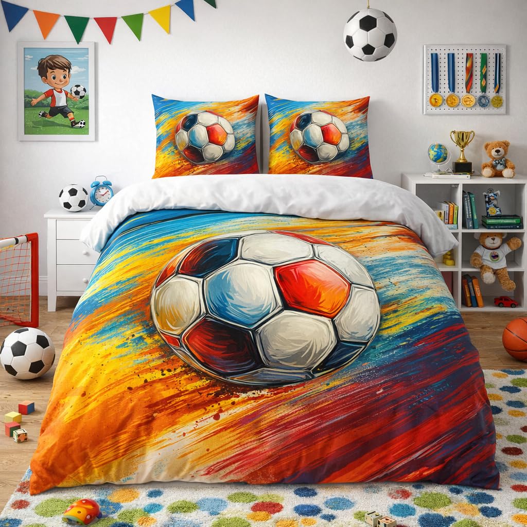 Adam Home 3D Digital Printed Football Duvet Cover Set With Pillowcases Home Bedroom Décor Microfiber Single Bedding Set Made in UK |Multi Color Football