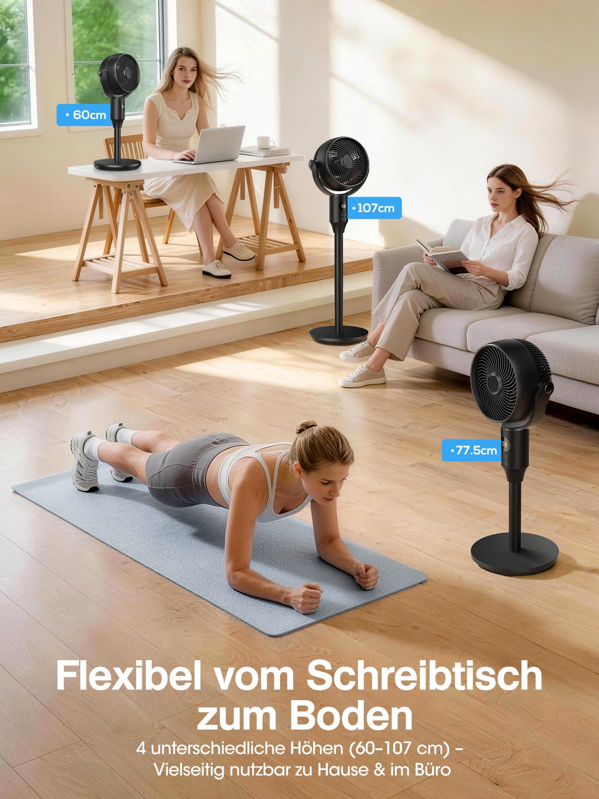 Leiser Standventilator 80°+90° Oszillierender Ventilator mit Fernbedienung, 1444m³/h, 3 Stufen 12H Timer, 23-41" Höhenverstellbar