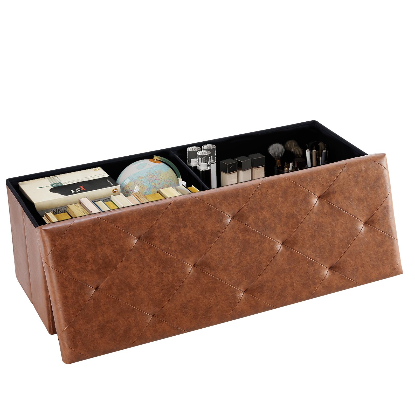 DUMOS Foldable Storage Ottoman Bench 43in, Foot Rest Stool, Synthetic Leather Storage Chest with Thicker Foam Padded Seat for Entryway Living Room,