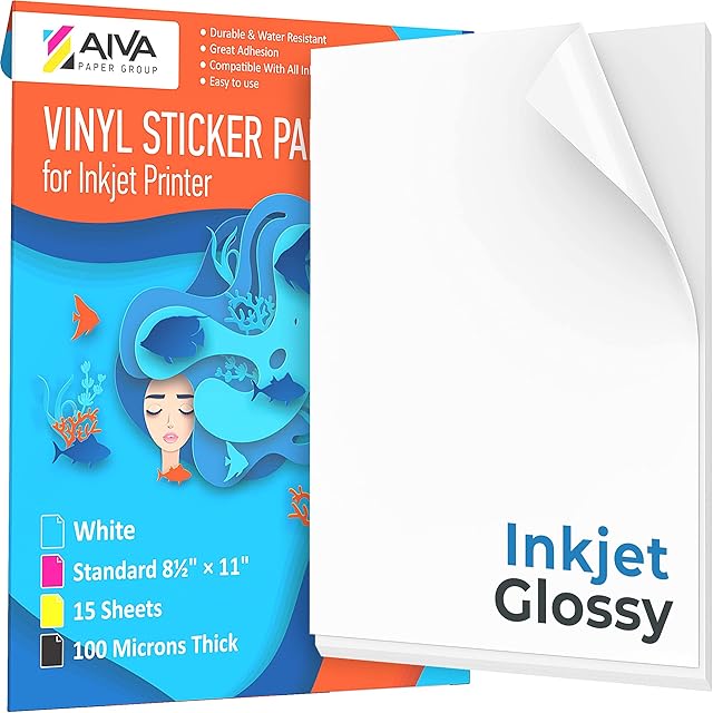 Printable Vinyl Sticker Paper for Inkjet Printer - Glossy White - 15 Self-Adhesive Sheets - Waterproof Decal Paper - Standard Letter Size 8.5"x11"