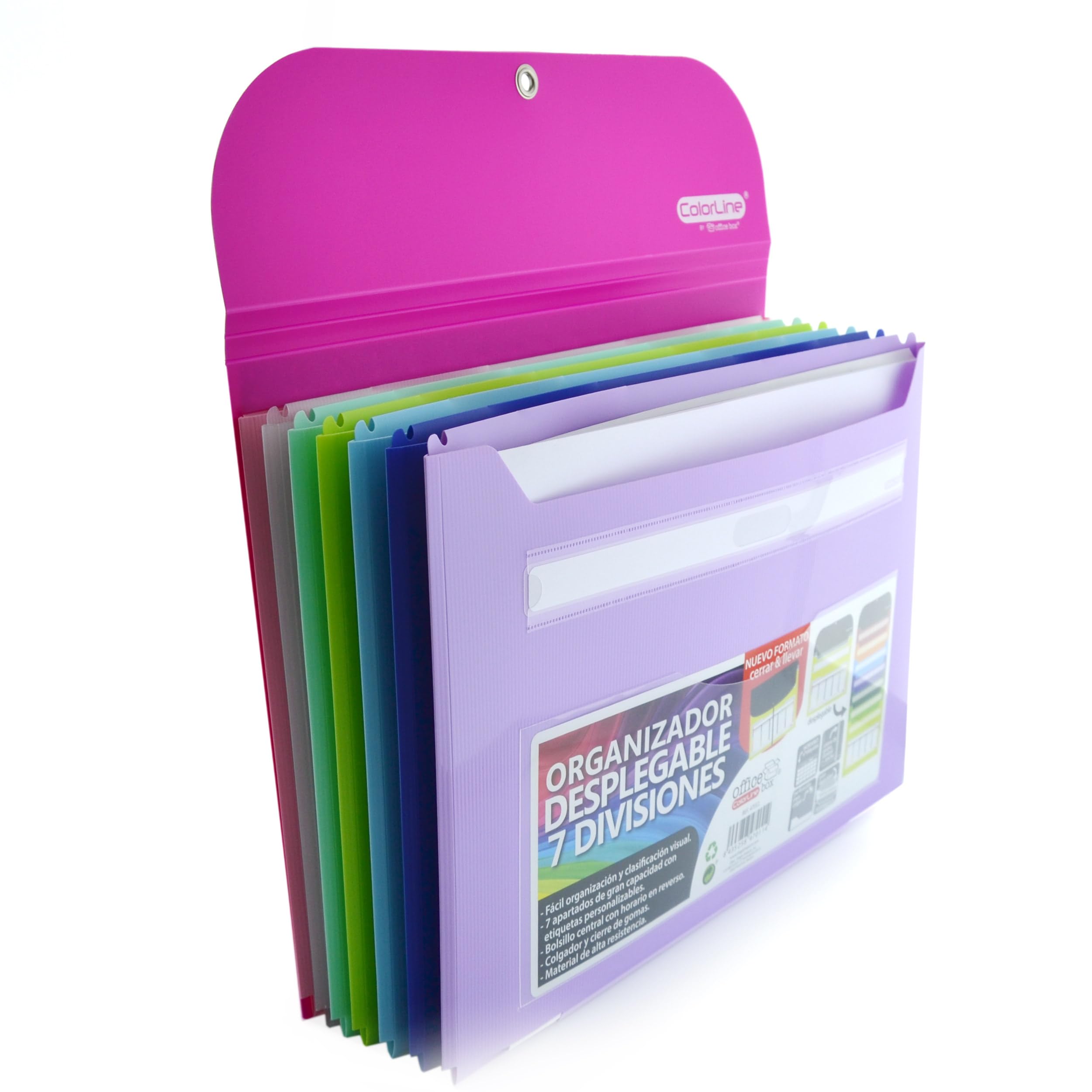 Office Box - Pack Vuelta al Cole: Carpeta de gomas desplegable con 7 departamentos y Colgador metálico, Tarjeta Horario Frontal y Gran Capacidad + Carpeta 4 Anillas 40 mm by Colorline (Fucsia)