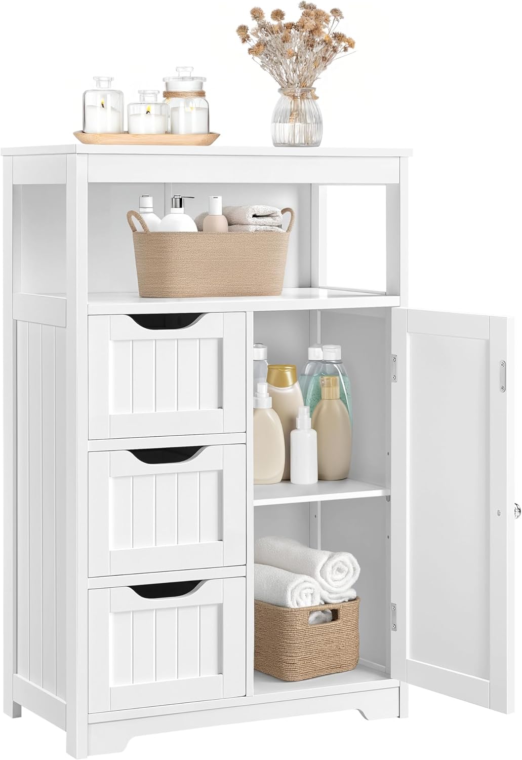 Yaheetech White Bathroom Floor Cabinet with 1 Door & 3 Drawers - Adjustable Shelf Wooden Storage Organizer for Kitchen/Bathroom