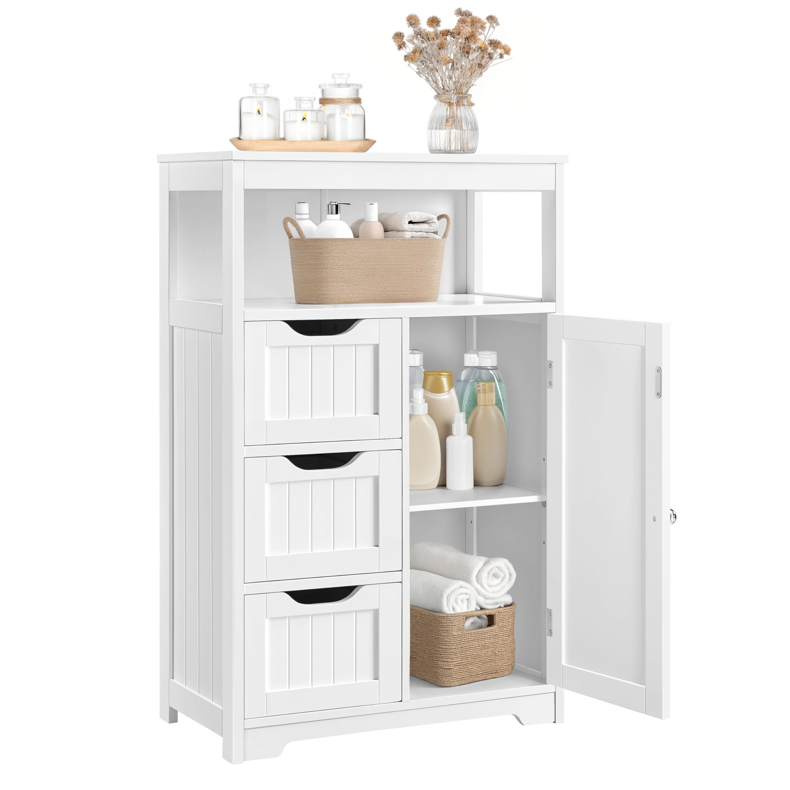 Yaheetech Bathroom Floor Cabinet Wooden Storage Organizer with 1 Door and 3 Drawers, Free-Standing Cupboard for Kitchen/Living Room/Bathroom Use, White