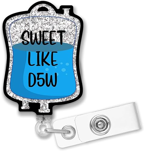 Carrete retráctil de insignia Sweet Like D5W con clip de cocodrilo, divertido paquete de dextrosa con purpurina plateada, regalo para médicos,