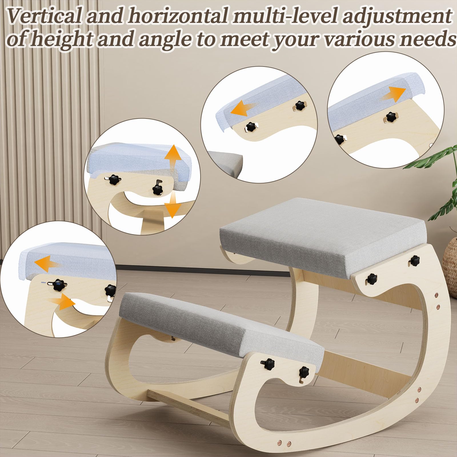 Ergonomischer Kniestuhl mit Schaukelbasis aus Holz – Höhenverstellbarer Haltungstrainer mit dickem Sitzkissen und weicher Knierolle, ideal fürs Homeoffice & gegen Rückenschmerzen
