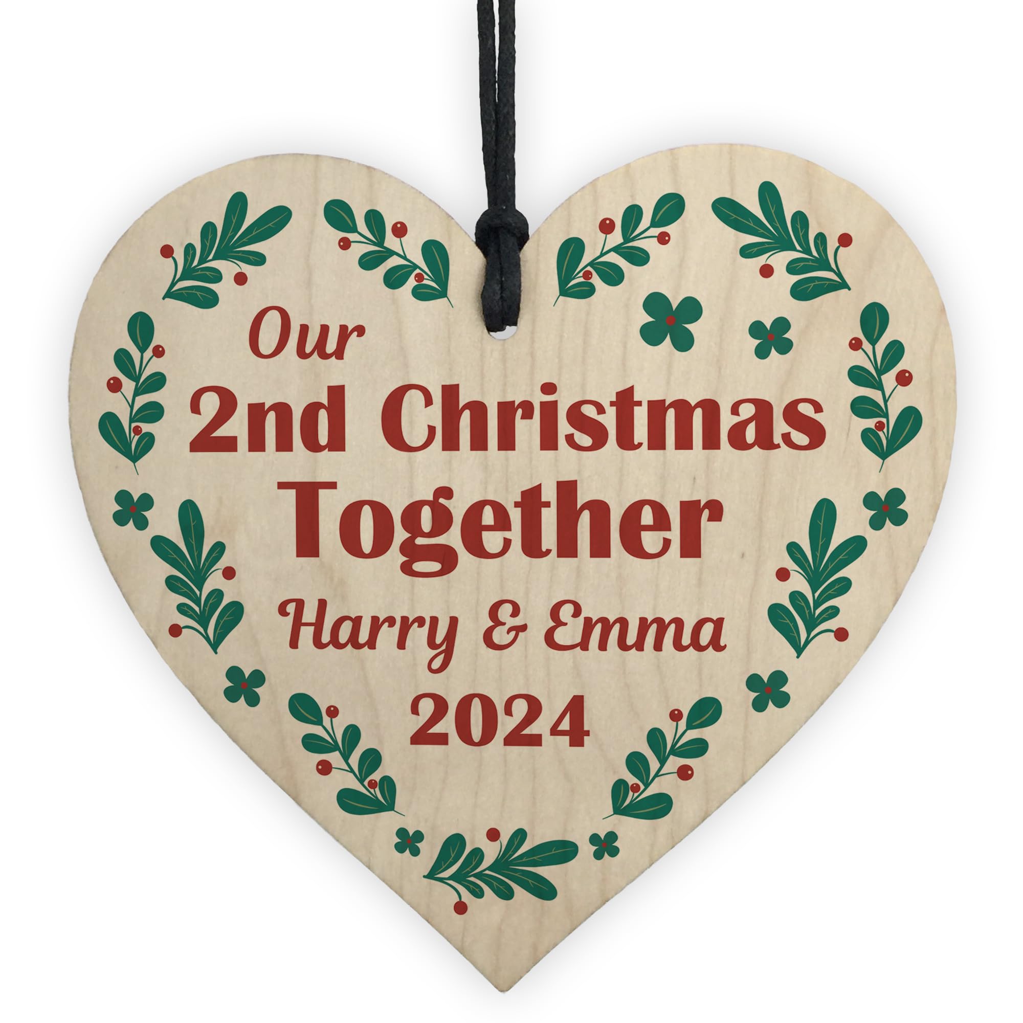 Red Ocean Our 2nd Christmas Together Bauble, Personalised Couples Tree Decoration, Christmas Baubles for Boyfriend Girlfriend Couple, For Him Her, Wooden Tree Decoration Keepsake