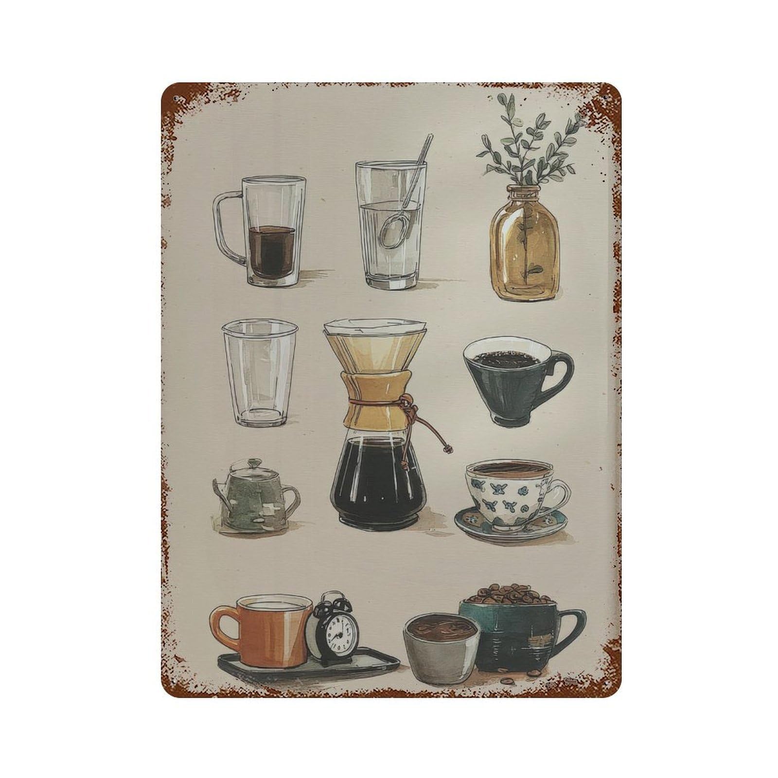 xiaoxiaoshen Coffee Ch Handdrawn Illustration on Matte Paper Wall Decor Art Metal Tin Poster Modern Home Decor Art Home Bar Shop Decorations Vintage Sign 40x30cm