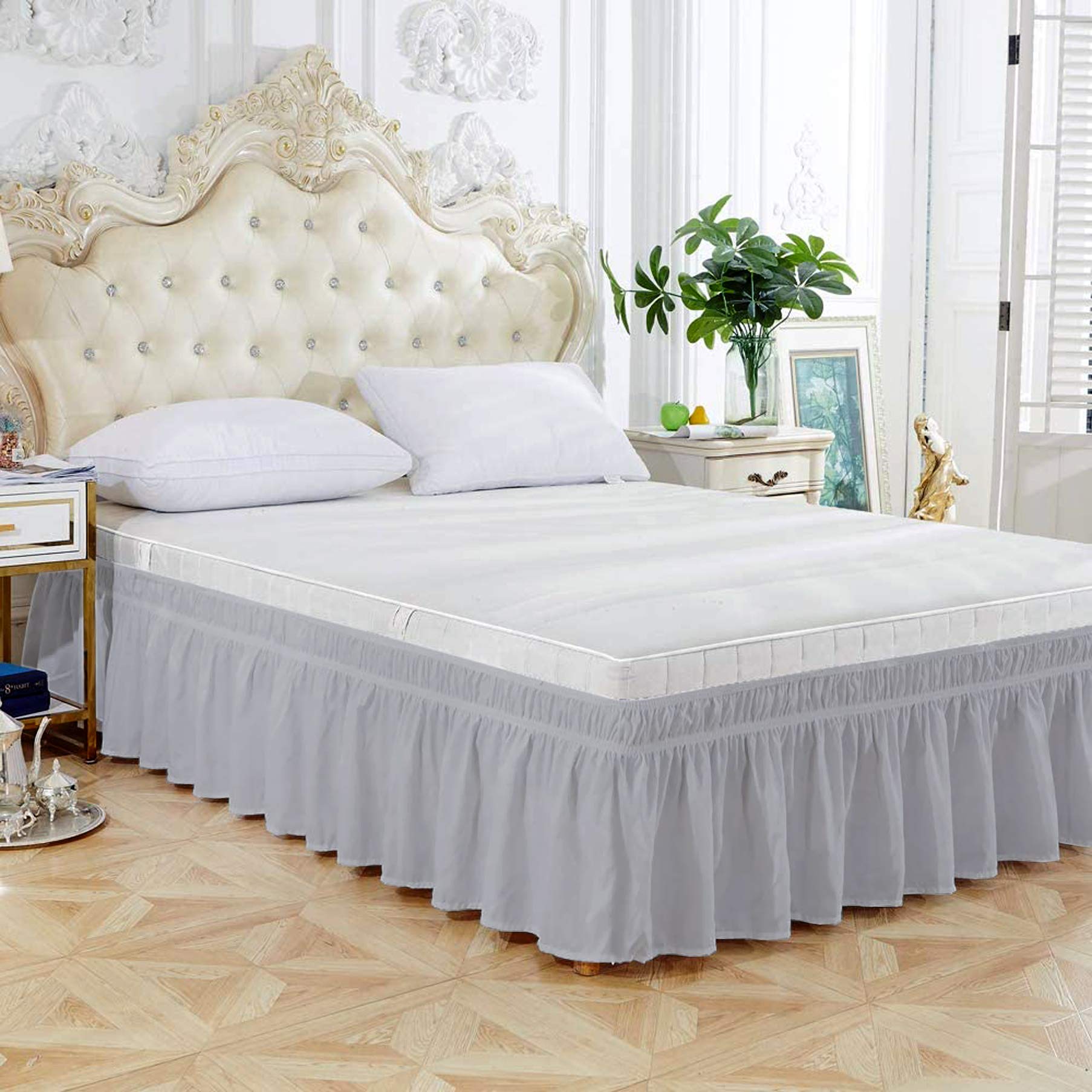 Wrap Around Bed Skirt King Size (78" W x 80" L) Microfiber 1800 Thread Count with Adjustable Three Fabric Sides Elastic Belts, Easy Fit Bed Skirt - 16" Height (Light Grey Solid) Color-image-27