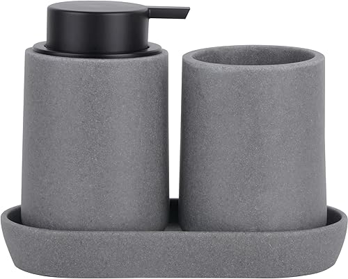 Juego completo de accesorios de baño grises, juego completo de 3 piezas de accesorios de baño de resina, dispensador de jabón con aspecto de piedra
