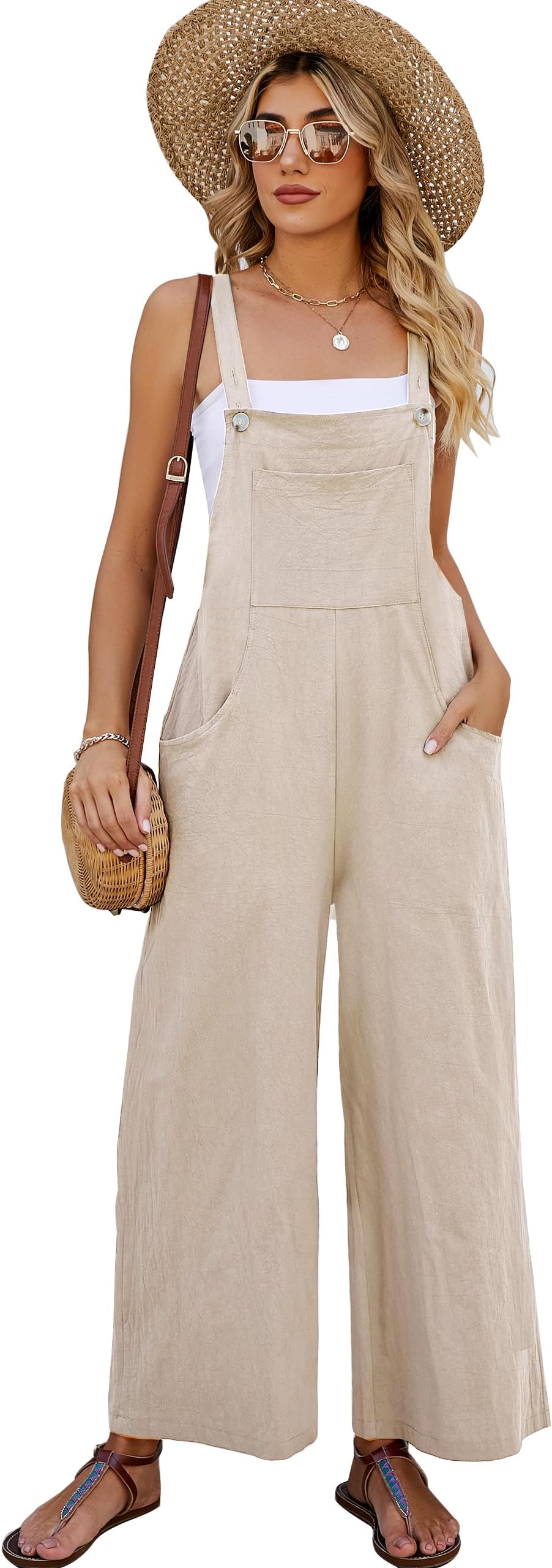 COZYPOIN Women's Cotton Bib Overalls Wide Leg Loose Fit Jumpsuit Baggy Fashion Sleeveless Rompers
