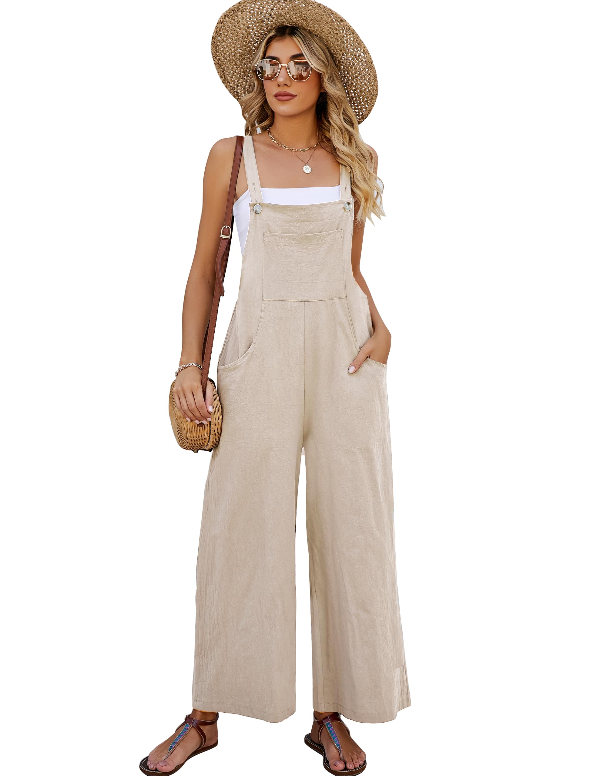 COZYPOIN Women's Cotton Bib Overalls Wide Leg Loose Fit Jumpsuit Baggy Fashion Sleeveless Rompers