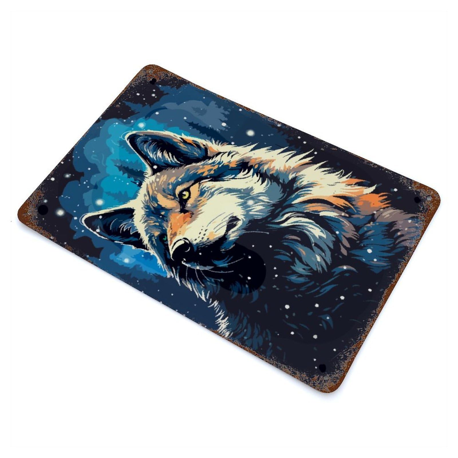 Wolf Winter Snow Pixel Art Vintage Wall Sign 11.8"x7.9", Rust Effect Metal Decor for Bistro, Counter And Cafe Decor
