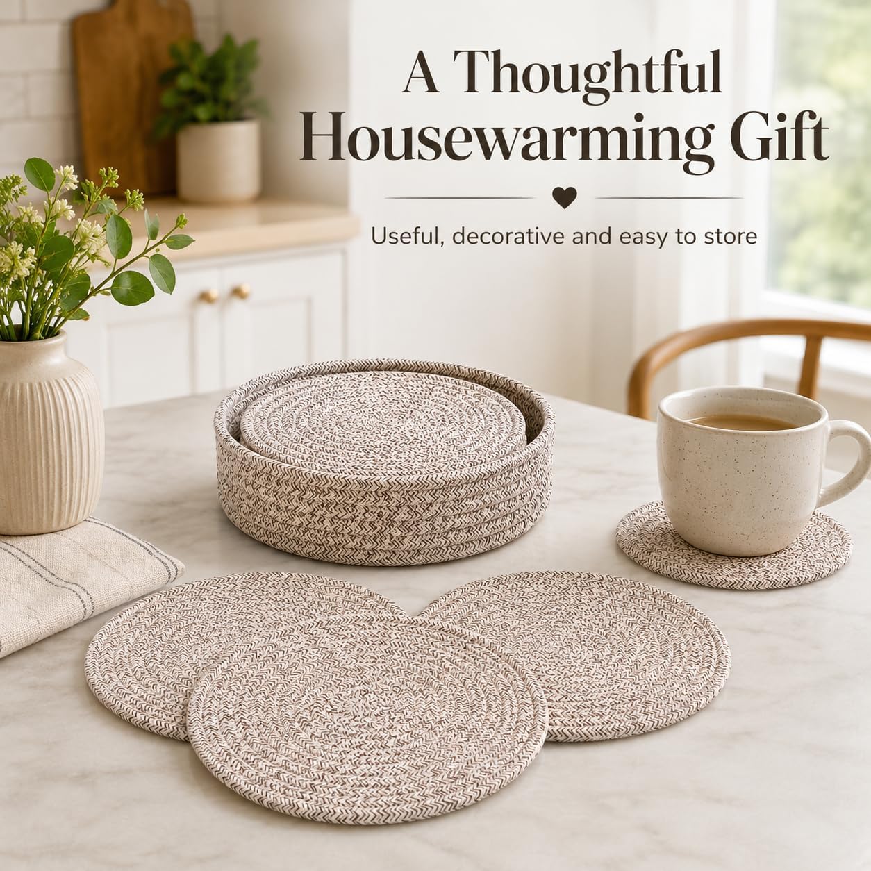 Coga Trivets for Hot Dishes, 4 Pack 7 Inch Cotton Hot Pads for Kitchen with Storage Basket, Round Pot Holders for Kitchen, Heat Resistant Mats for Countertop, Pots and Pans, Farmhouse Decor, Brown