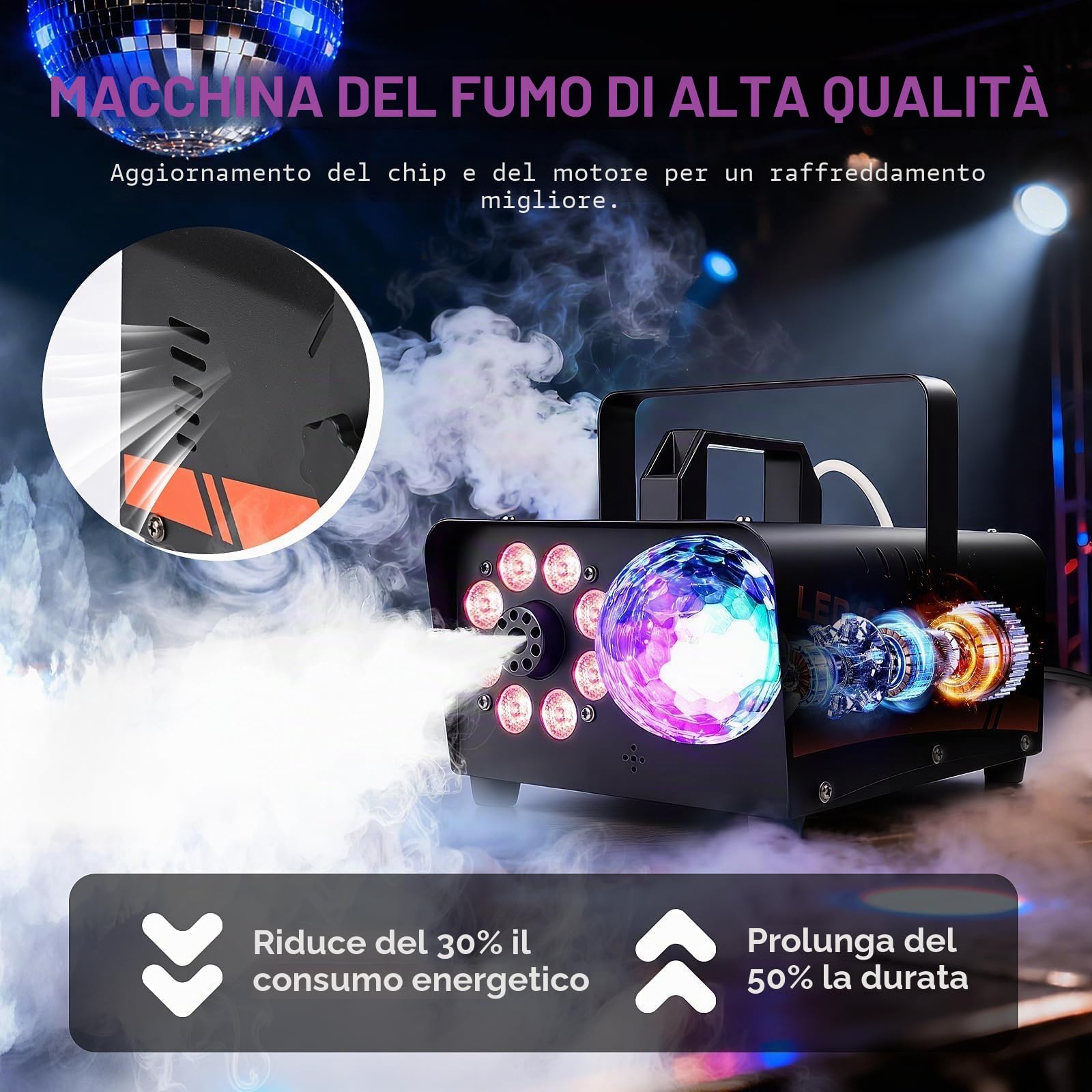Macchina del Fumo 600W con Effetti LED RGB 13 Colori & Luce Disco – Macchina Nebbia 3000CFM con Telecomando Cablato/Senza Fili, Ideale per Halloween, Feste, Matrimoni, DJ Set, Interno ed Esterno