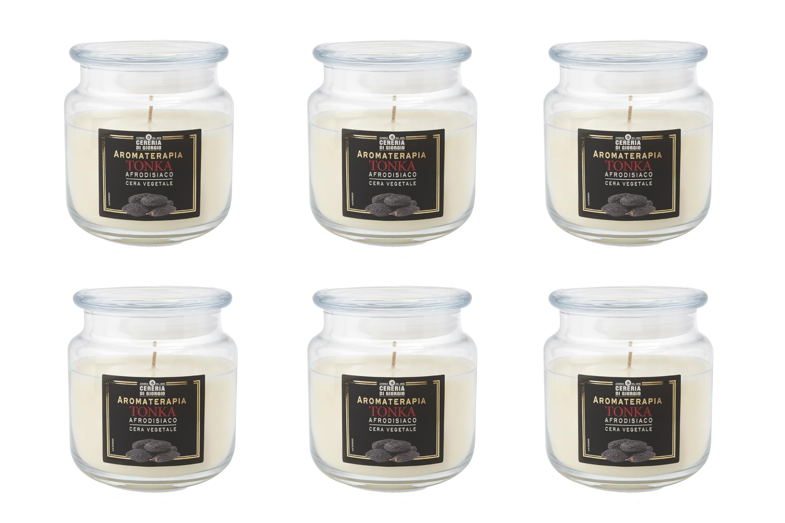 Lot de 6 bougies parfumées à la fève tonka - Cire végétale 100% - Fabriquées en Italie