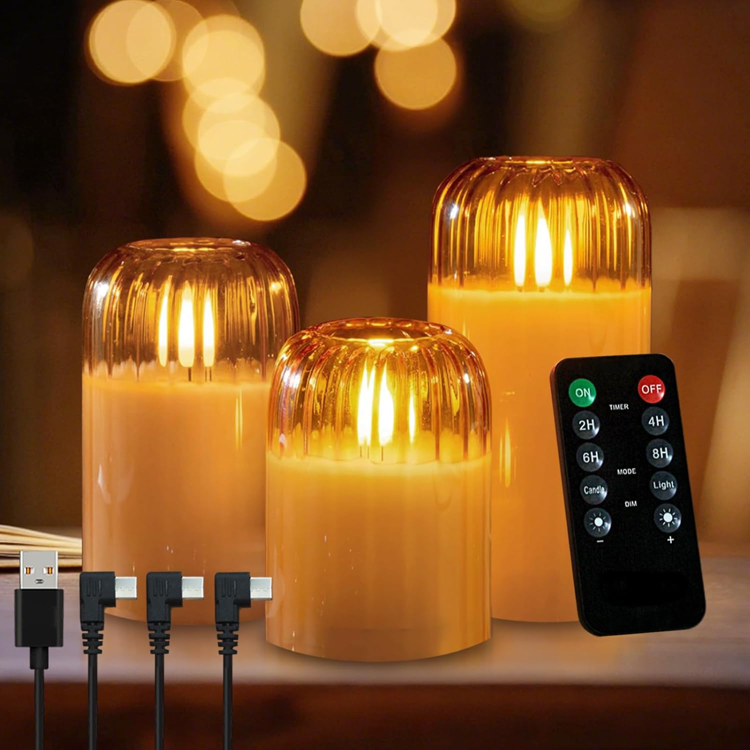 3Pcs LED Candle Set Rechargeable with Remote Control,Gold Glass Flameless Candles,Candle Lights for Home Decor, Bedroom, Bathroom Accessories，Pumpkin Fake Candles for Halloween