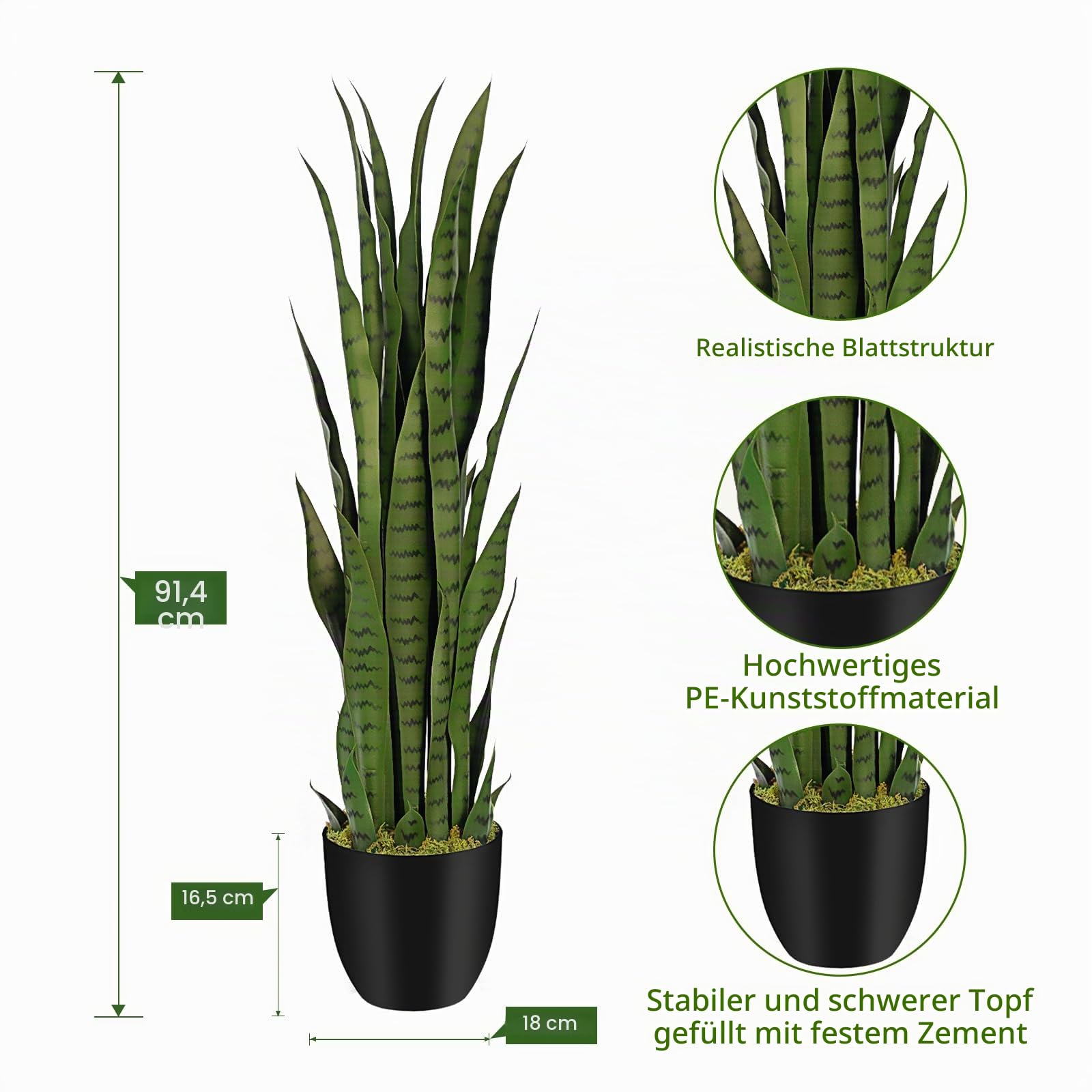 künstliche Sansevieria 90cm 2 Stück künstliche Pflanzen wie echt - Kunstpflanzen groß für den Innen- und Außenbereich, ideal zur Dekoration von Veranden, Terrassen und Homeoffices