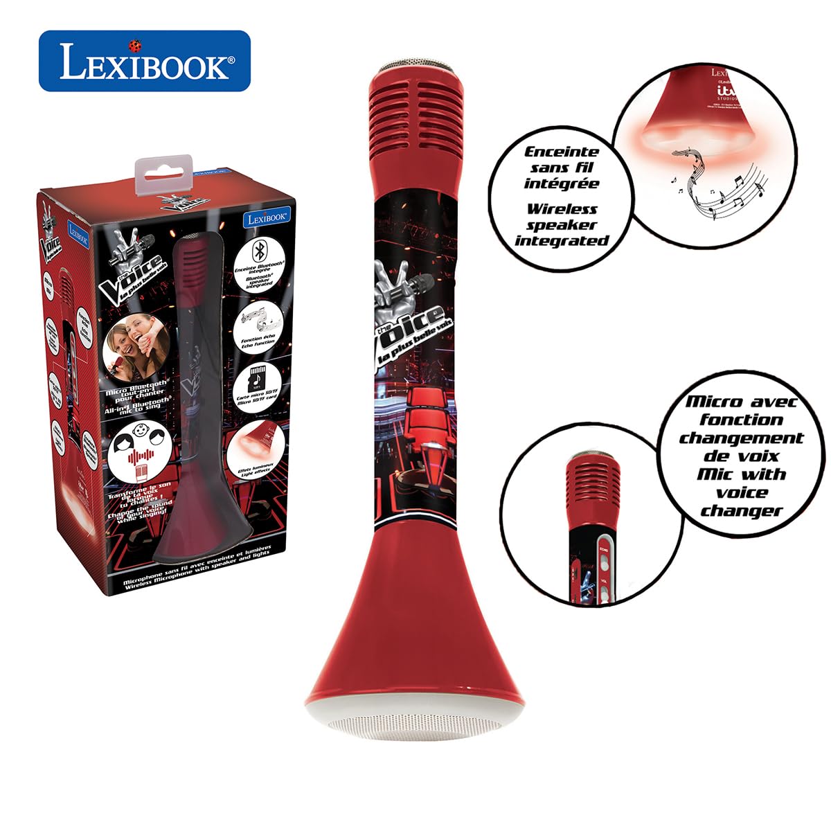 LEXIBOOK, The Voice, Karaoké Micro Star Bluetooth® con función de Cambio de Voz, micrófono para Cantar, Altavoz Luminoso Integrado de 3 W, Ranura para Micro SD, Rojo/Negro, MIC210TV