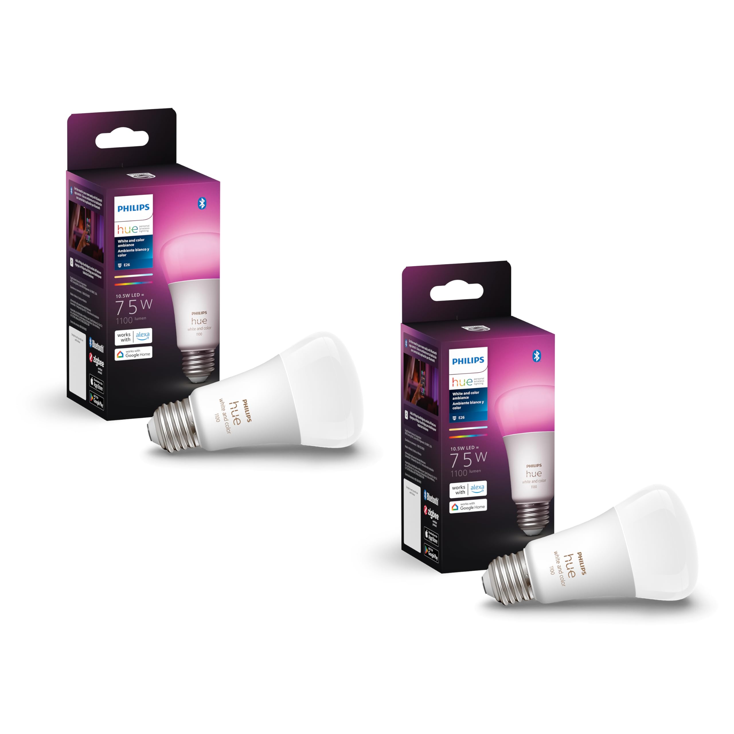 Philips Hue Smart 75W A19 LED Bulb - White and Color Ambiance Color-Changing Light - 2 Pack - 1100LM - E26 - Indoor - Control with Hue App - Compatible with Alexa, Google Assistant and Apple Homekit Original 75W 2-Pack